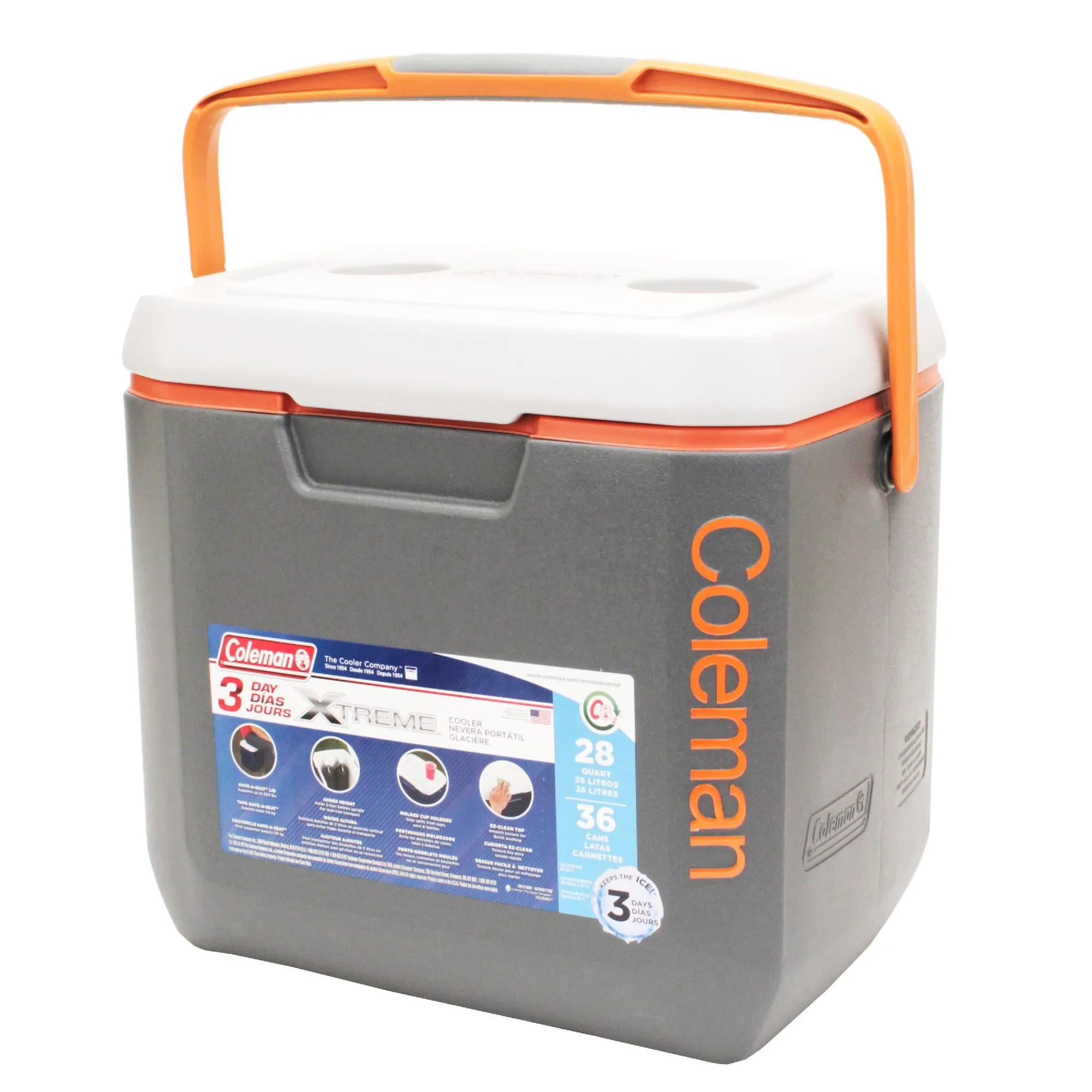 Cooler, 28 Quart - Dark Gray-Orange-Light Grey, Overmold