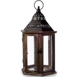 DECORative Wood Lantern with Iron Top: Black/Brown 9.26 x 8.08 inches