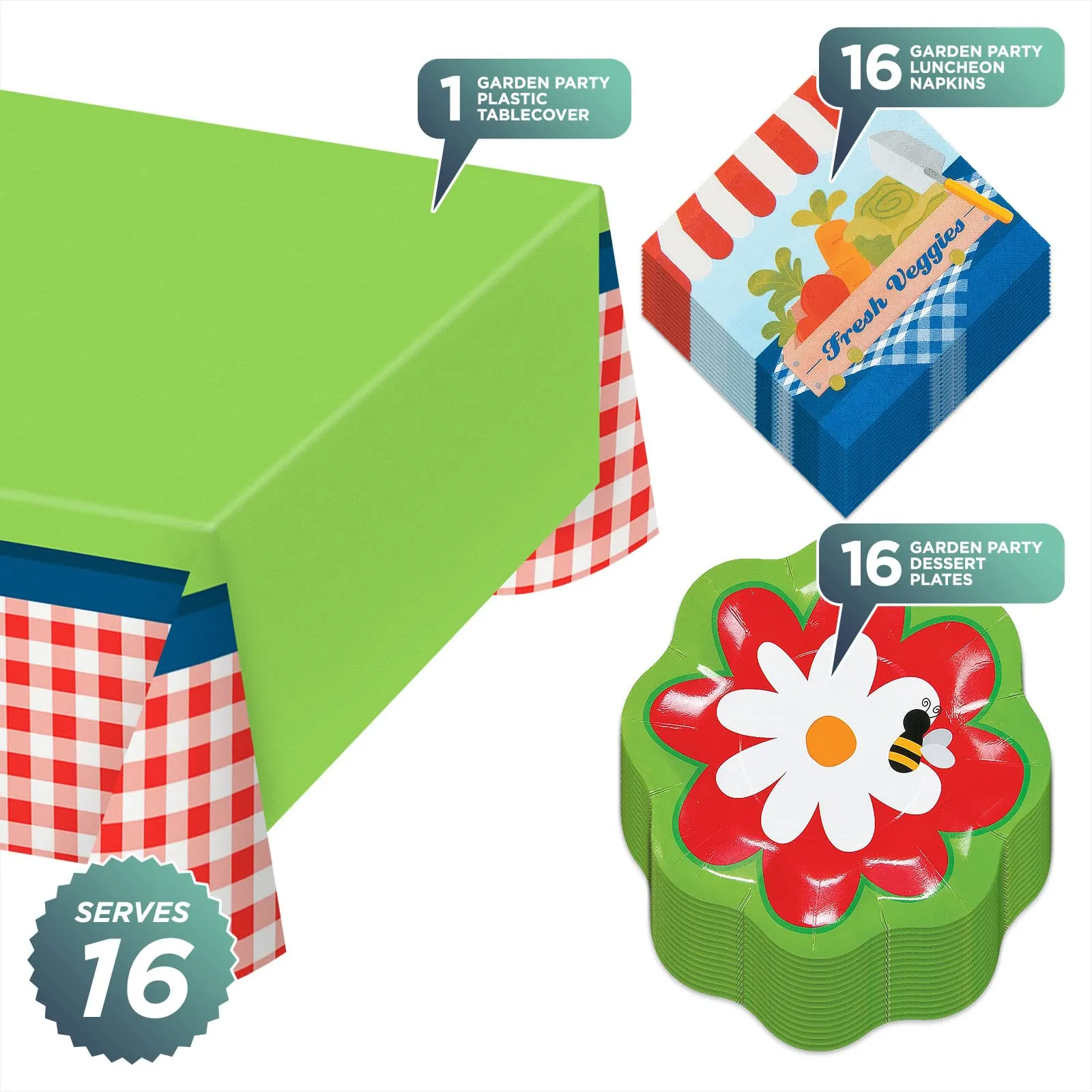 Farmer's Market Garden Party Flowers and Veggies Paper Dessert Plates, Napkins, and Table Cover (Serves 16)