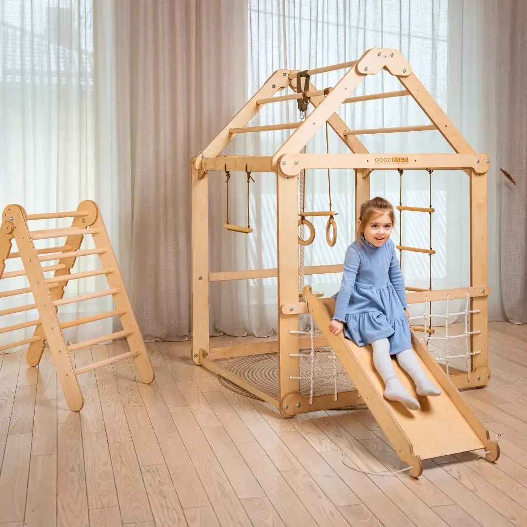 Indoor Wooden Playhouse with Triangle ladder, Slide Board and Swings