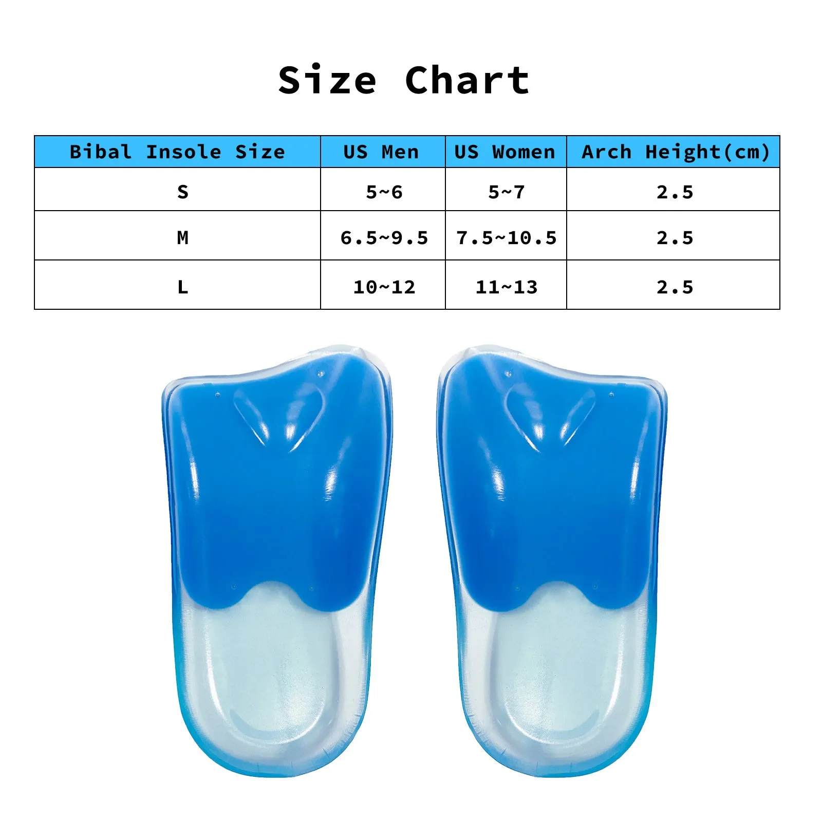 L Size Gel Arch Support Insoles, Shock Absorbent, Bibal