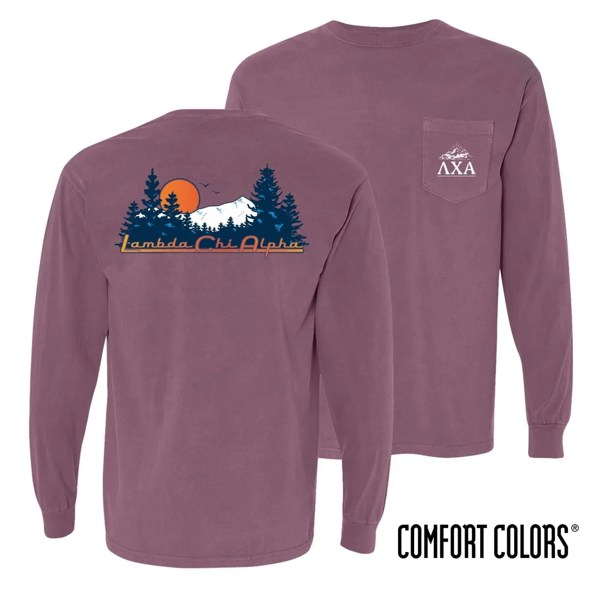 Lambda Chi Comfort Colors Berry Retro Wilderness Long Sleeve Pocket Tee