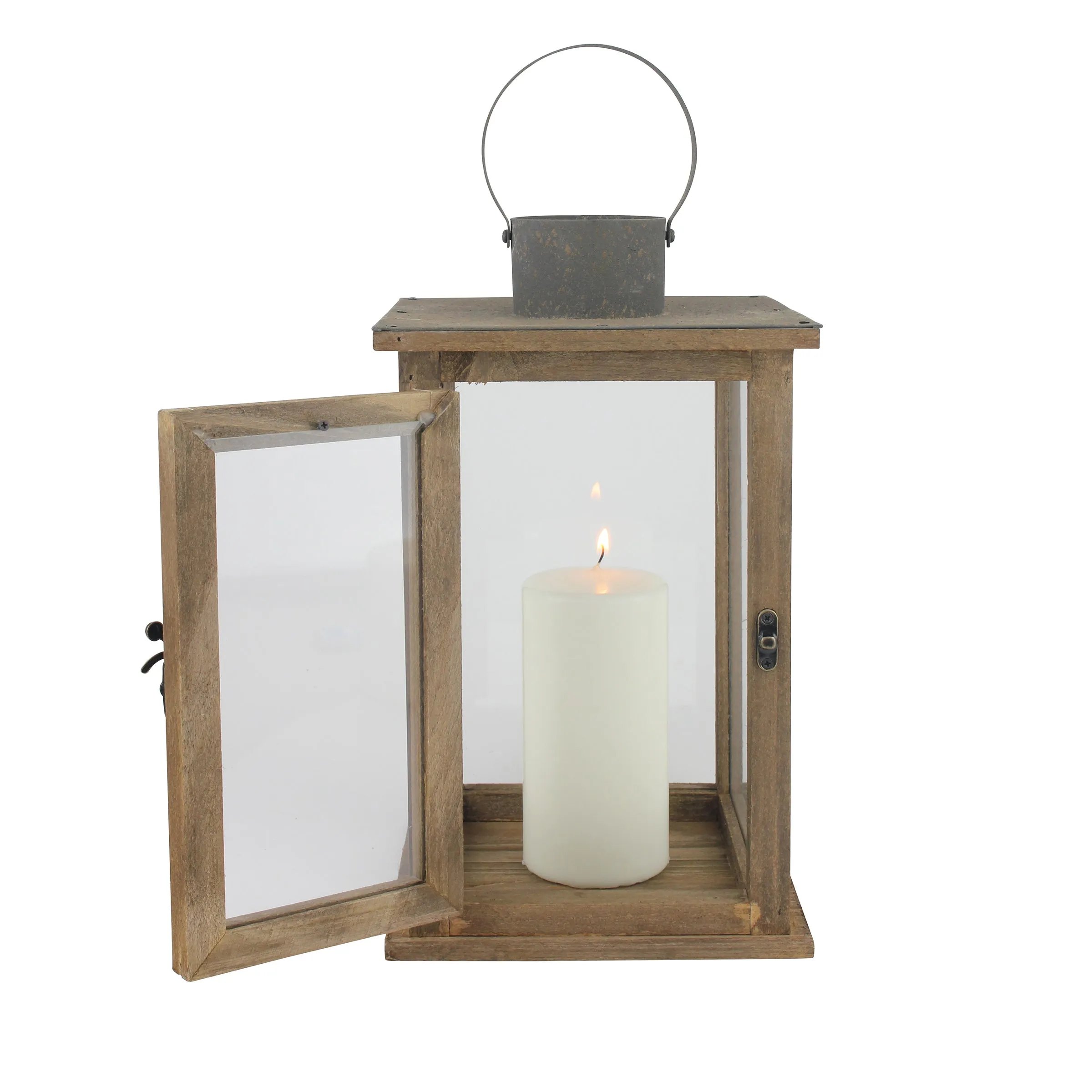 Large Rustic Wood Lantern - 13 Inch Hurricane Candle Lantern