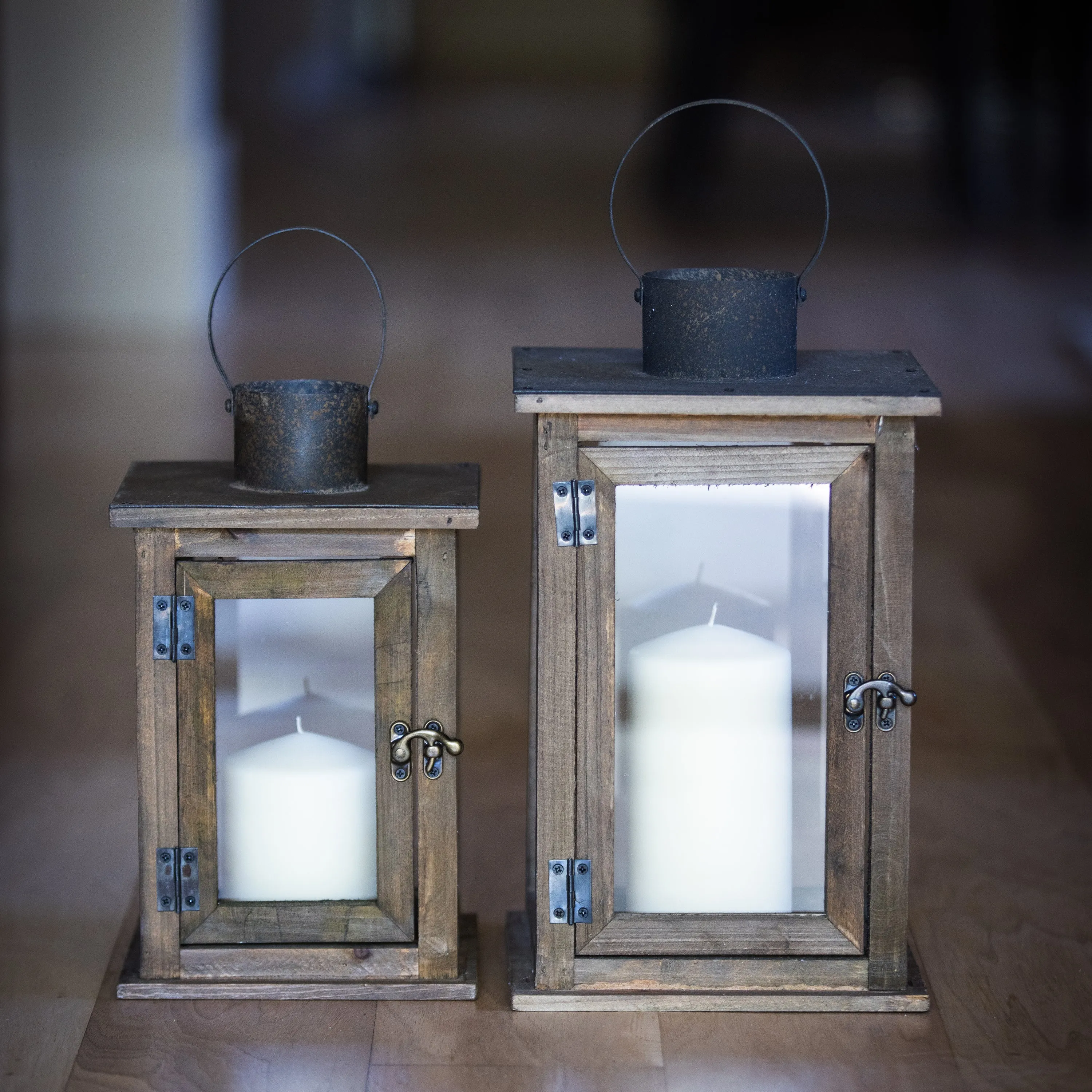 Large Rustic Wood Lantern - 13 Inch Hurricane Candle Lantern