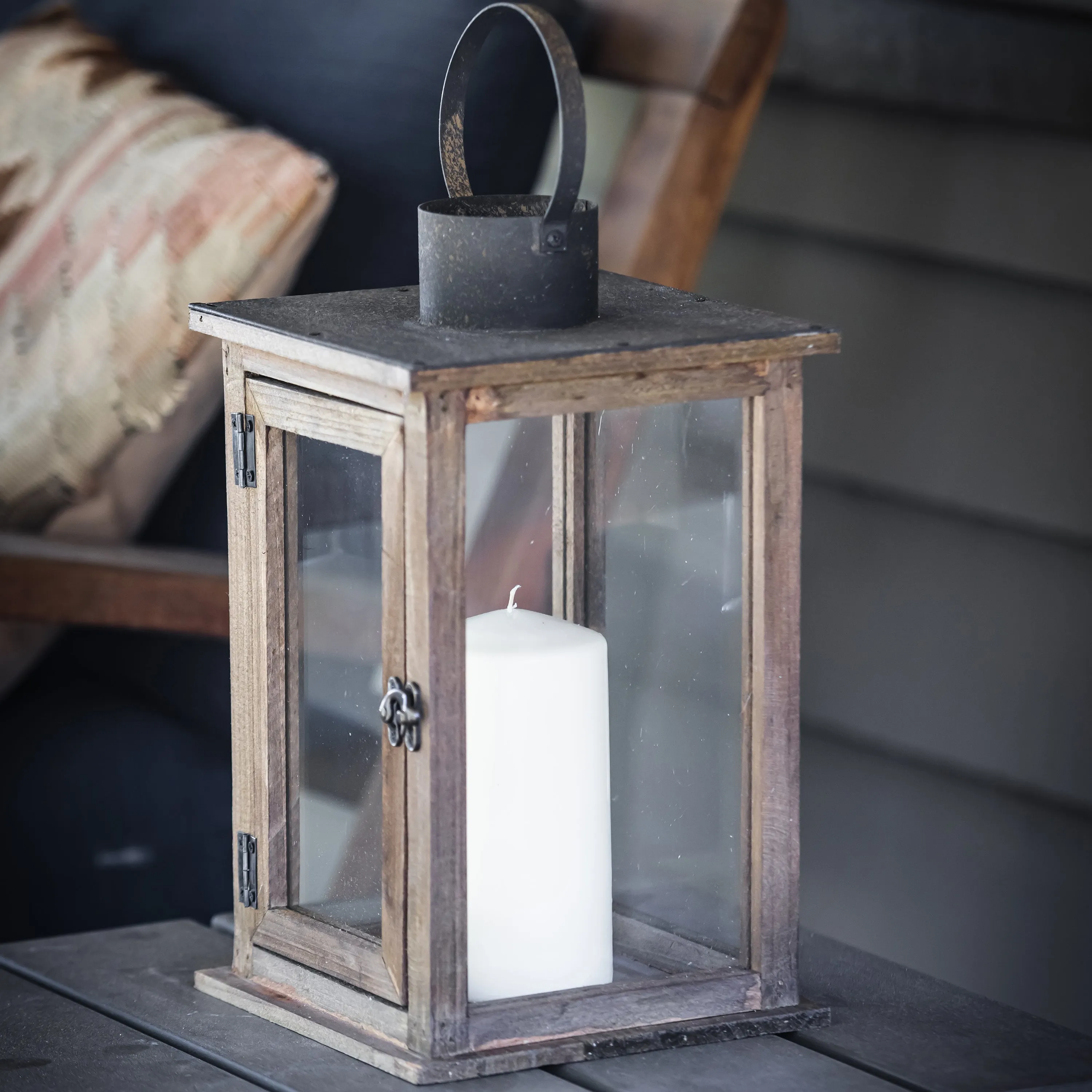 Large Rustic Wood Lantern - 13 Inch Hurricane Candle Lantern