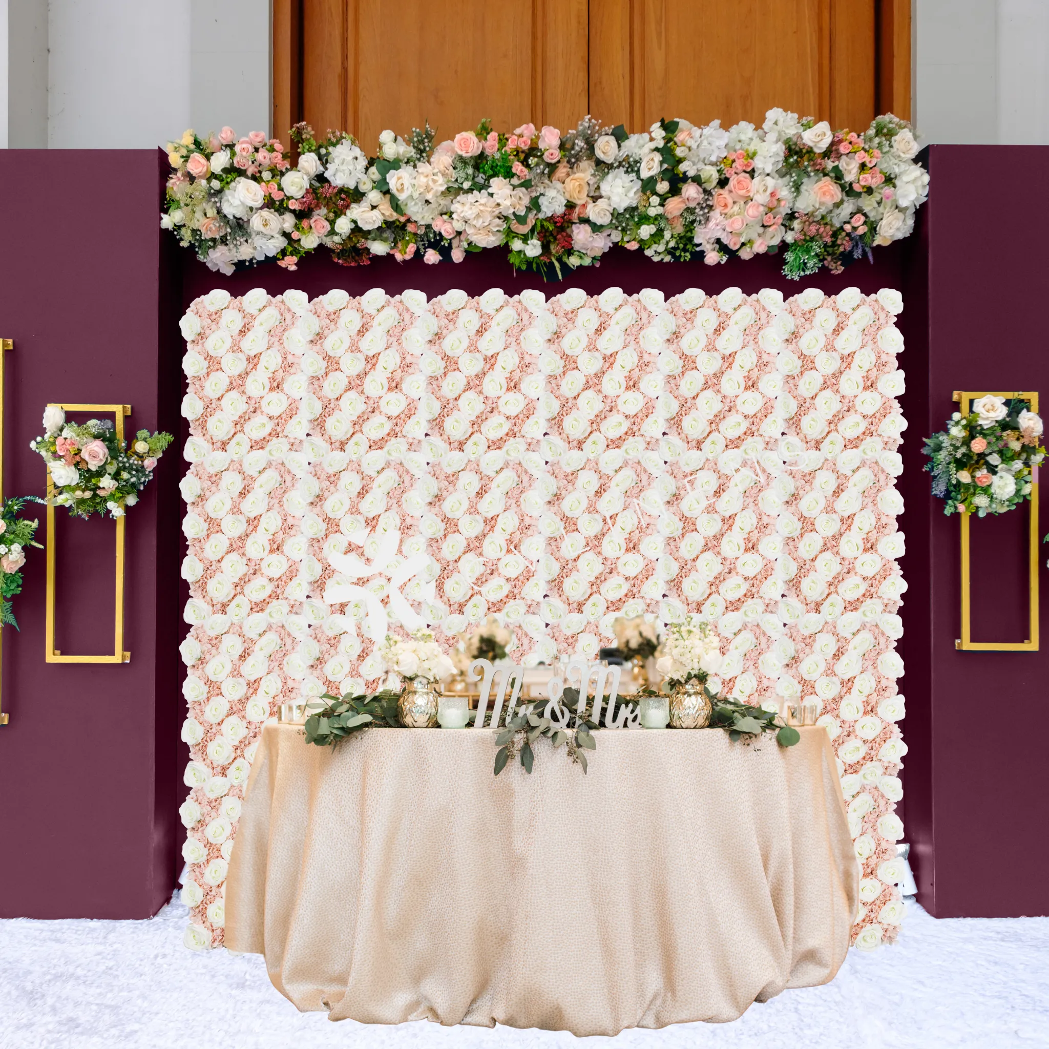 Silk Roses/Hydrangeas Flower Wall Backdrop Panel - White